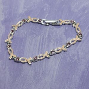 👍5 For $20 Avon Silver Tone & Pink Breast Cancer Ribbon Rhinestone Bracelet